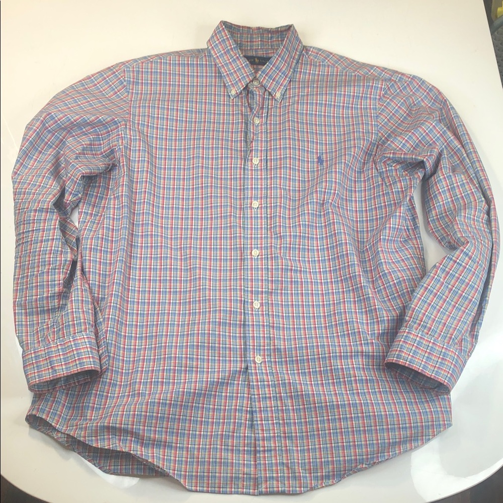 RALPH LAUREN Classic Shirt Men Large Red Plaid Colorful Casual Pastel Blue Pony